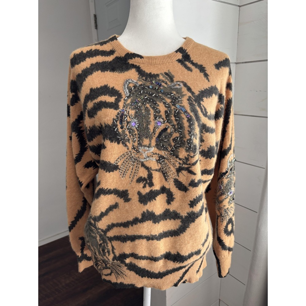 Molto Fino Sweater Womens Large Tiger Embellished Pullover‎ Animal Print